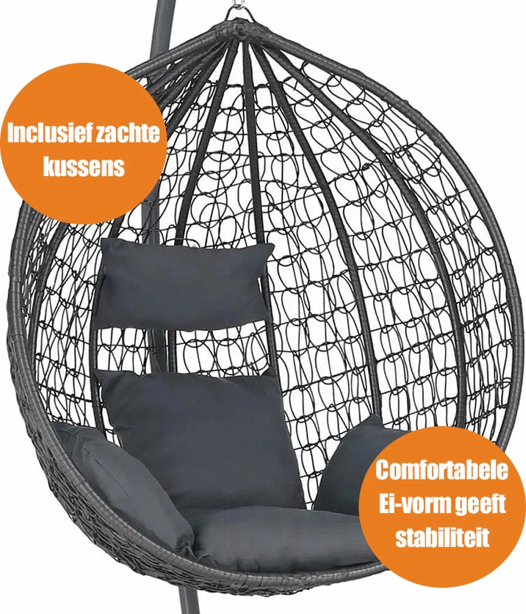 Bircim Hangstoel Ei/Egg-Vorm Met Dikke Kussens - Voor Binnen En Buiten - Incl. Standaard, Onderstel & Kussens - Antraciet - Afbeelding 4
