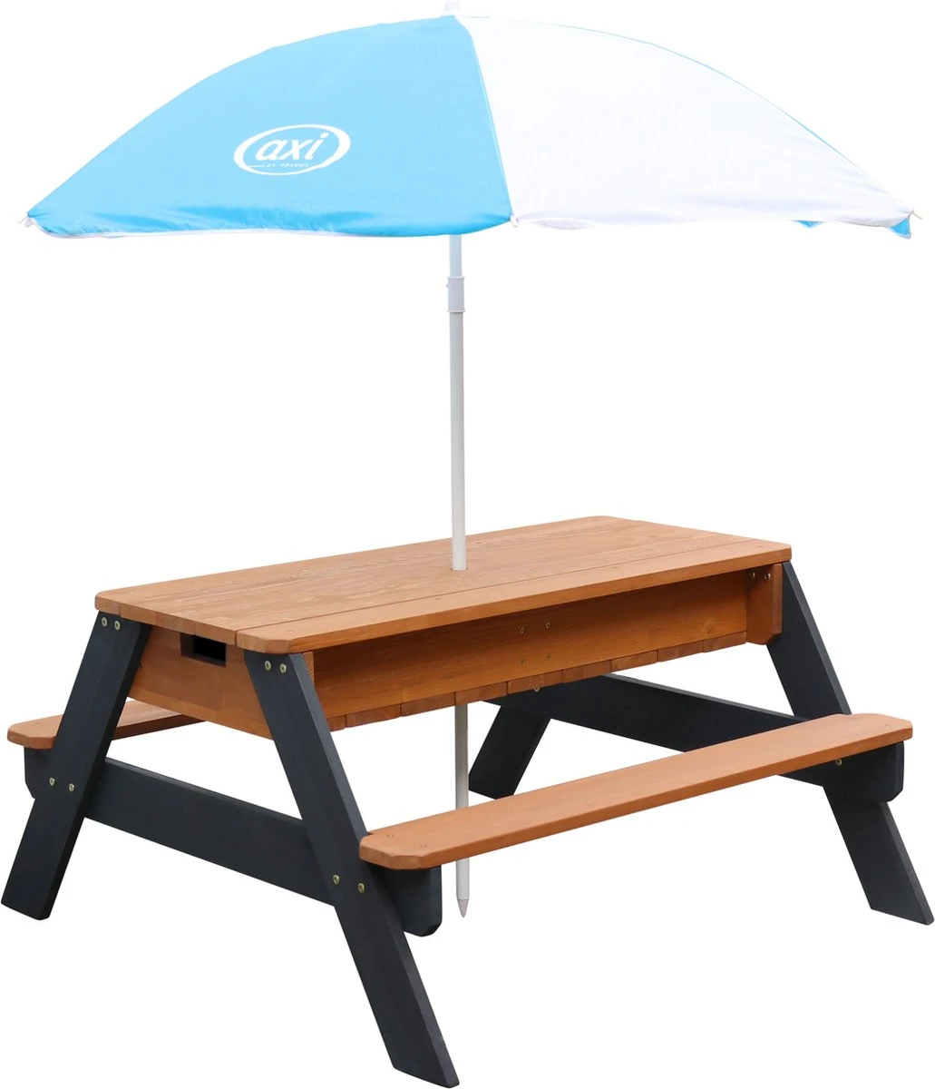 AXI Nick Zand & Water Picknicktafel In Antraciet/Bruin - Parasol Blauw/Wit - Picknick Tafel Voor Kinderen Van Hout - Afbeelding 8