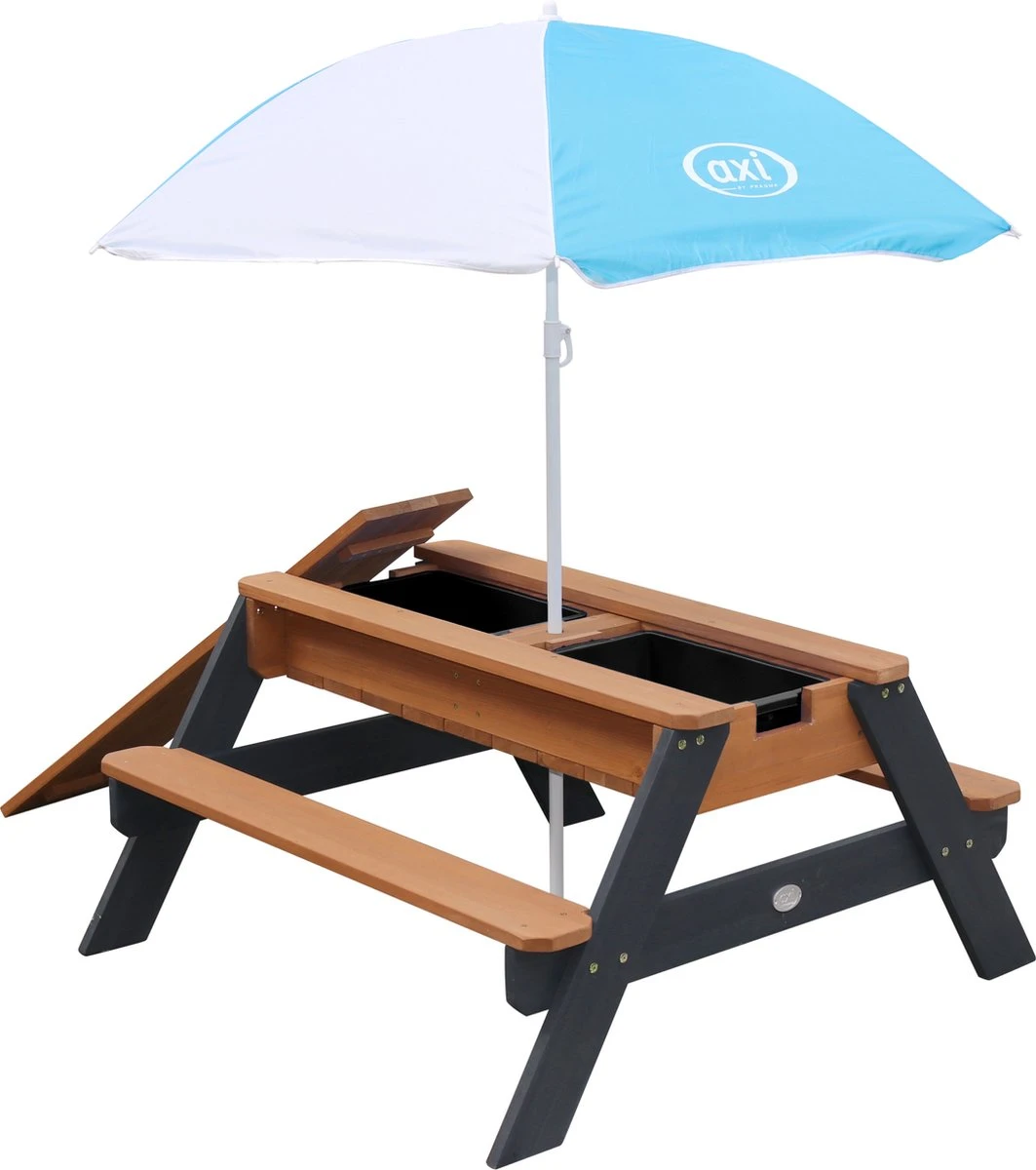 AXI Nick Zand & Water Picknicktafel In Antraciet/Bruin - Parasol Blauw/Wit - Picknick Tafel Voor Kinderen Van Hout