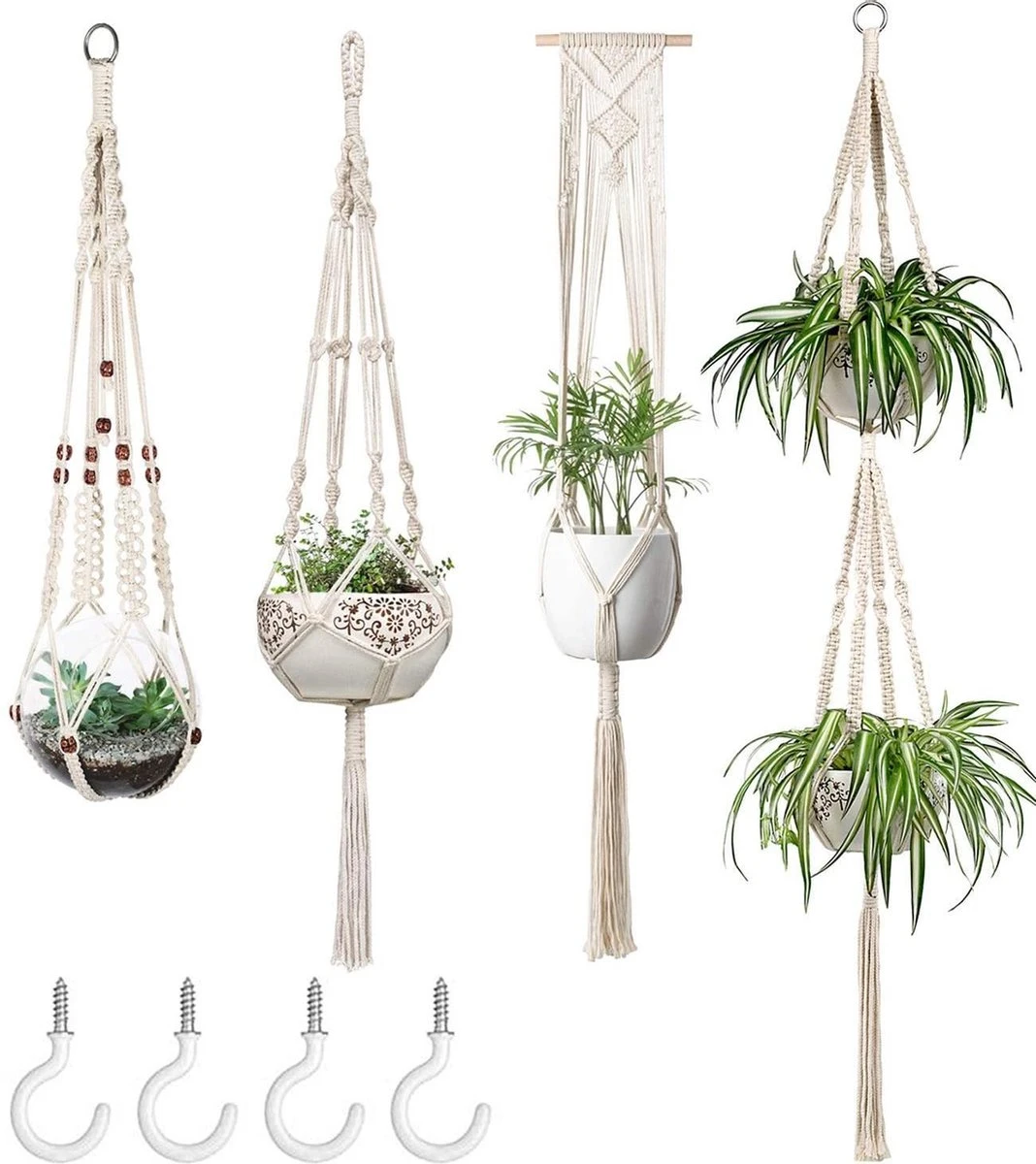 4 Stuks Plantenhangers - Boho Handgeweven Katoen Hangpot Voor Binnen/Buiten - Bloempot Met Kralen - Macramé Touw/Koord Hangplant Houder - Bohemian Wandhanger Decoratie - Verticale Tuin Plant Hanger Bloempothouder Planthanger Wit - Afbeelding 7