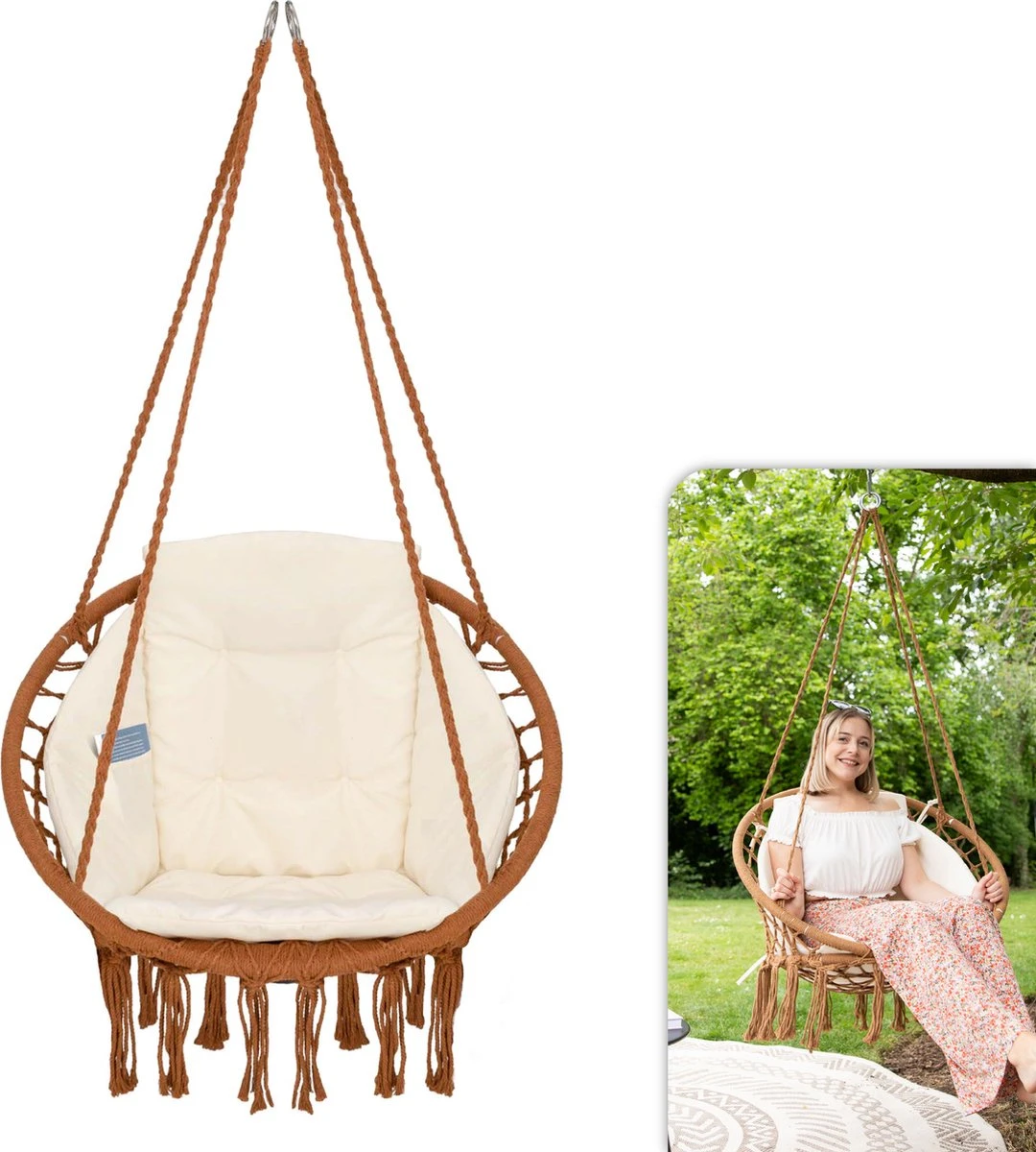 Vita5 Macramé Hangstoel - Voor Binnen En Buiten - Zonder Standaard - Incl. Kussen, Boekenvak En Beschermhoes - Tot 150kg - Bruin/Beige
