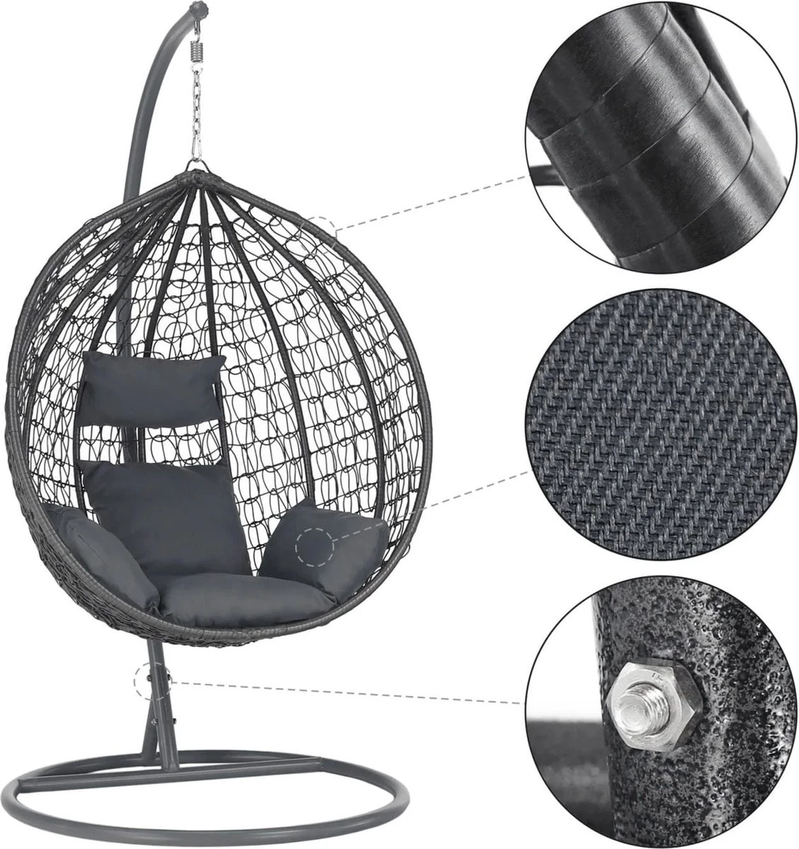 Bircim Hangstoel Ei/Egg-Vorm Met Dikke Kussens - Voor Binnen En Buiten - Incl. Standaard, Onderstel & Kussens - Antraciet - Afbeelding 6