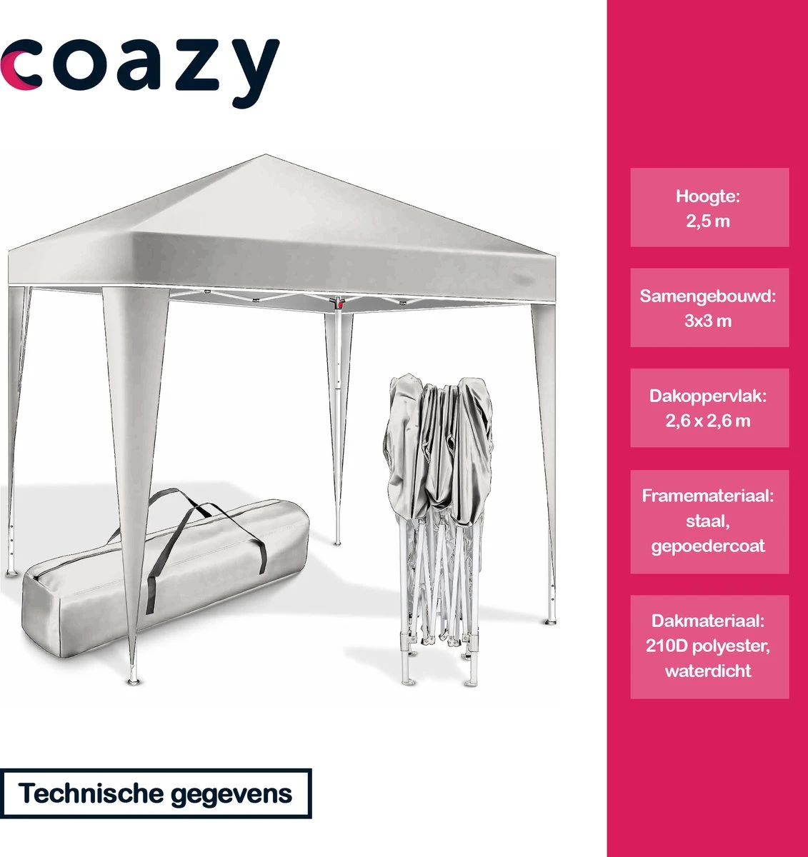 Coazy Waterdichte Partytent 3x3 Meter Opvouwbaar - Paviljoen - Easy Up - Pop-up Tent Met Haringen, Touw En Anti Slip Poten - Waterdicht - Partytenten Weerbestendig - Afbeelding 5