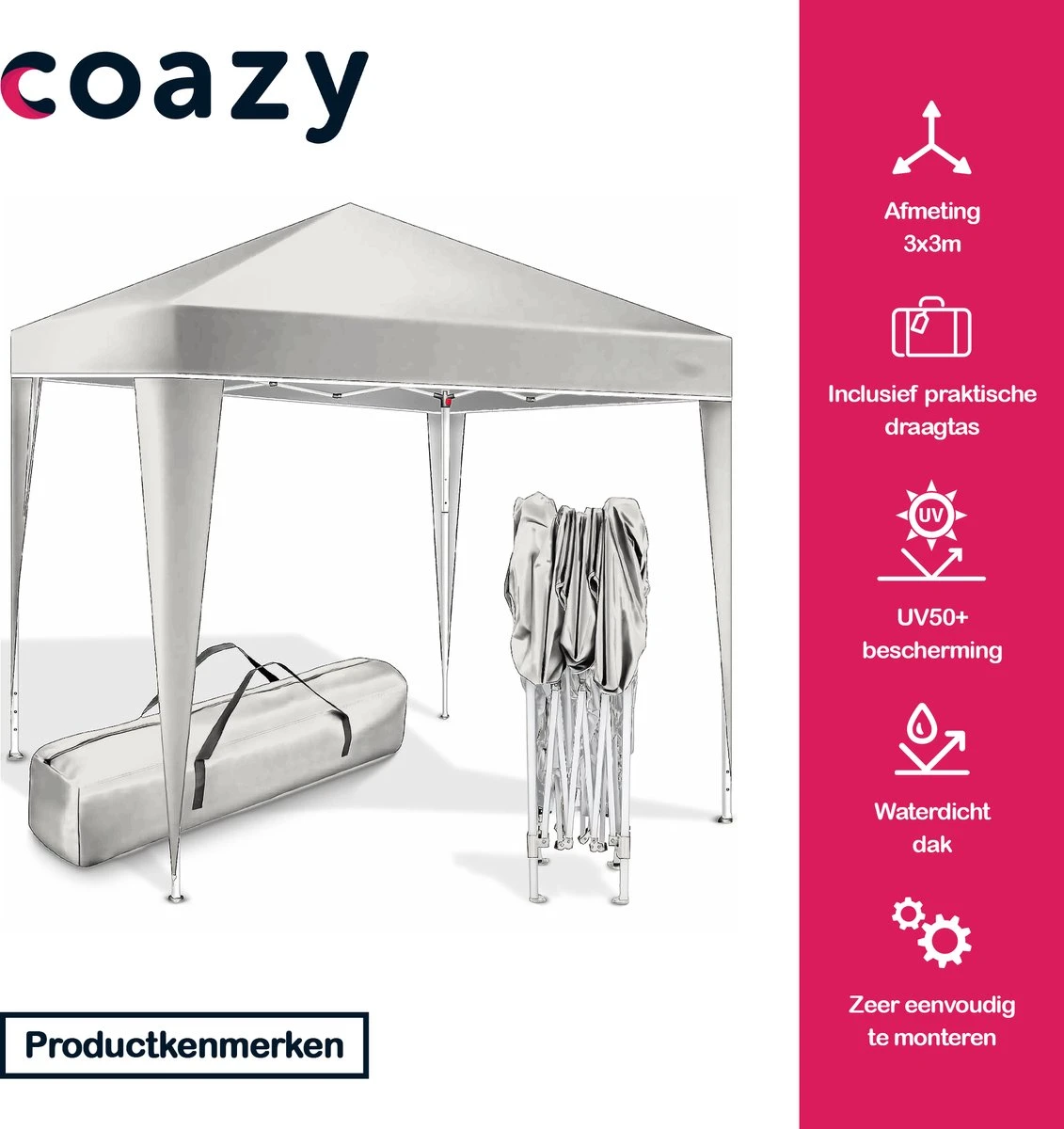 Coazy Waterdichte Partytent 3x3 Meter Opvouwbaar - Paviljoen - Easy Up - Pop-up Tent Met Haringen, Touw En Anti Slip Poten - Waterdicht - Partytenten Weerbestendig - Afbeelding 2