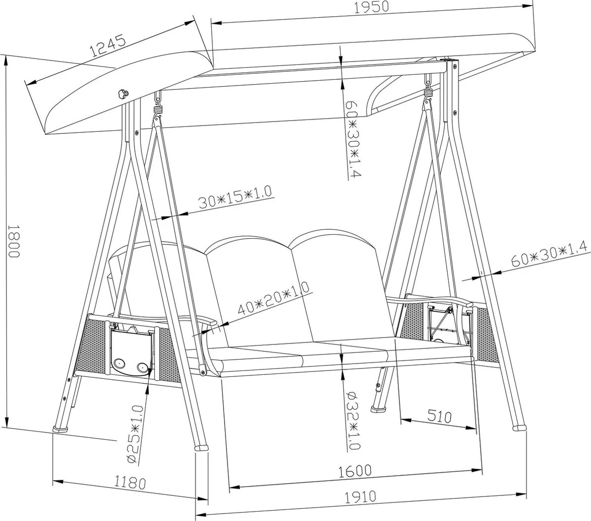 SORARA® Luxe Schommelbank Met Zonnescherm - Bruin - Zware Kwaliteit. - Afbeelding 2