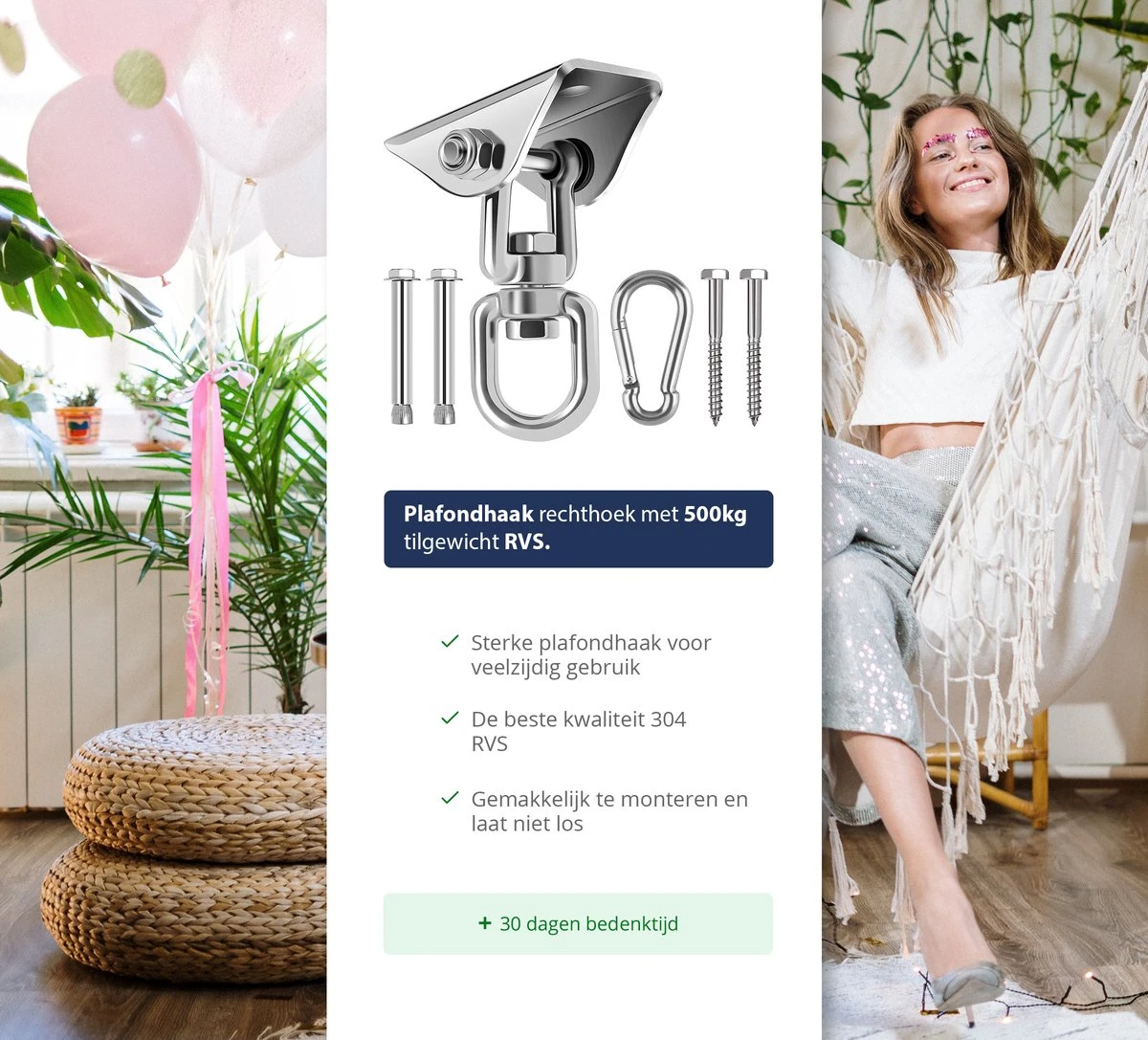 Plafondhaak - Ophangen Bokszak, Schommel En Hangstoel - Ophangsysteem - Ophanghaak - Plafondbeugel - RVS – 500kg Tilgewicht - Afbeelding 3