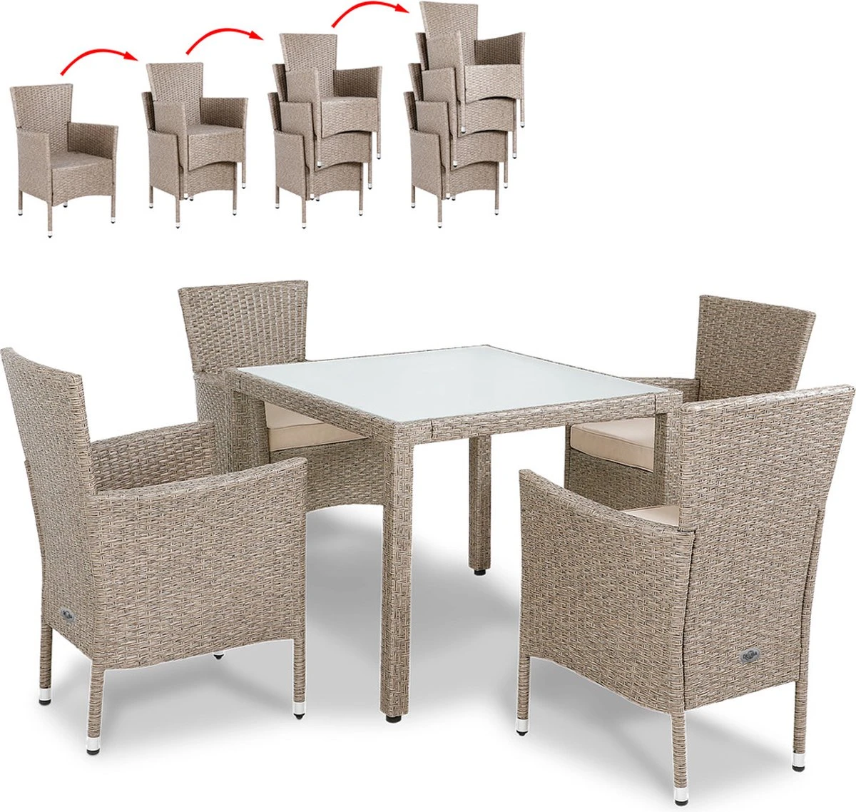 Casaria Polyrattan Tuinset - 4 Stoelen & Tafel 90x90 Cm - Beige Grijs