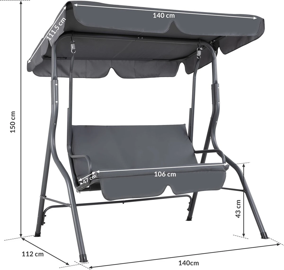 Merkloos Casaria Hollywood Schommel - Antraciet - Incl. Zonnekap - Afbeelding 3
