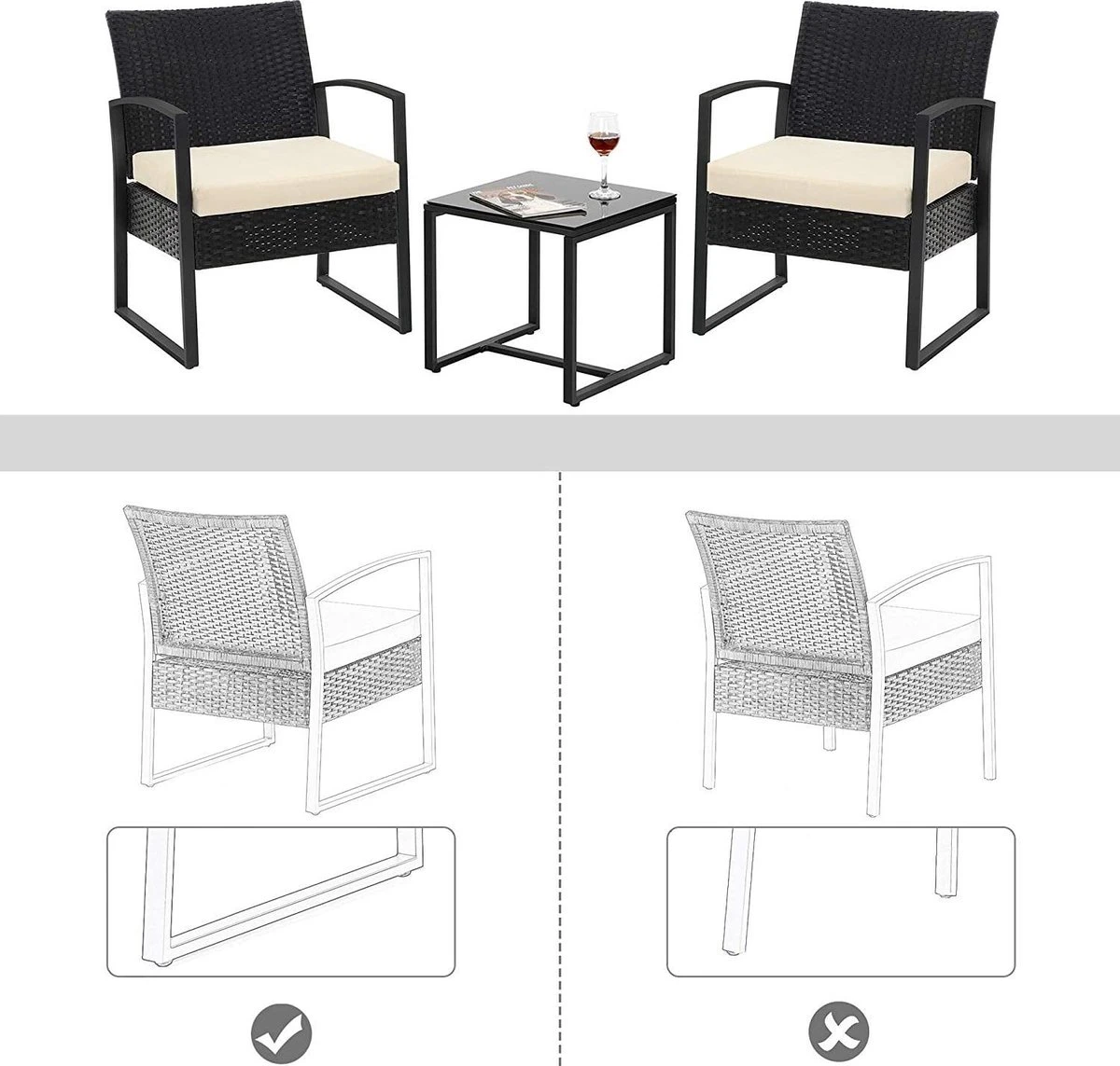 Songmics Tuinmeubelset, 3-delige Set, Van Polyrotan, Voor Outdoor, Terras, Balkon, Tuin, Eenvoudige Montage, Bijzettafel En 2 Stoelen, Zwart-beige - Afbeelding 4