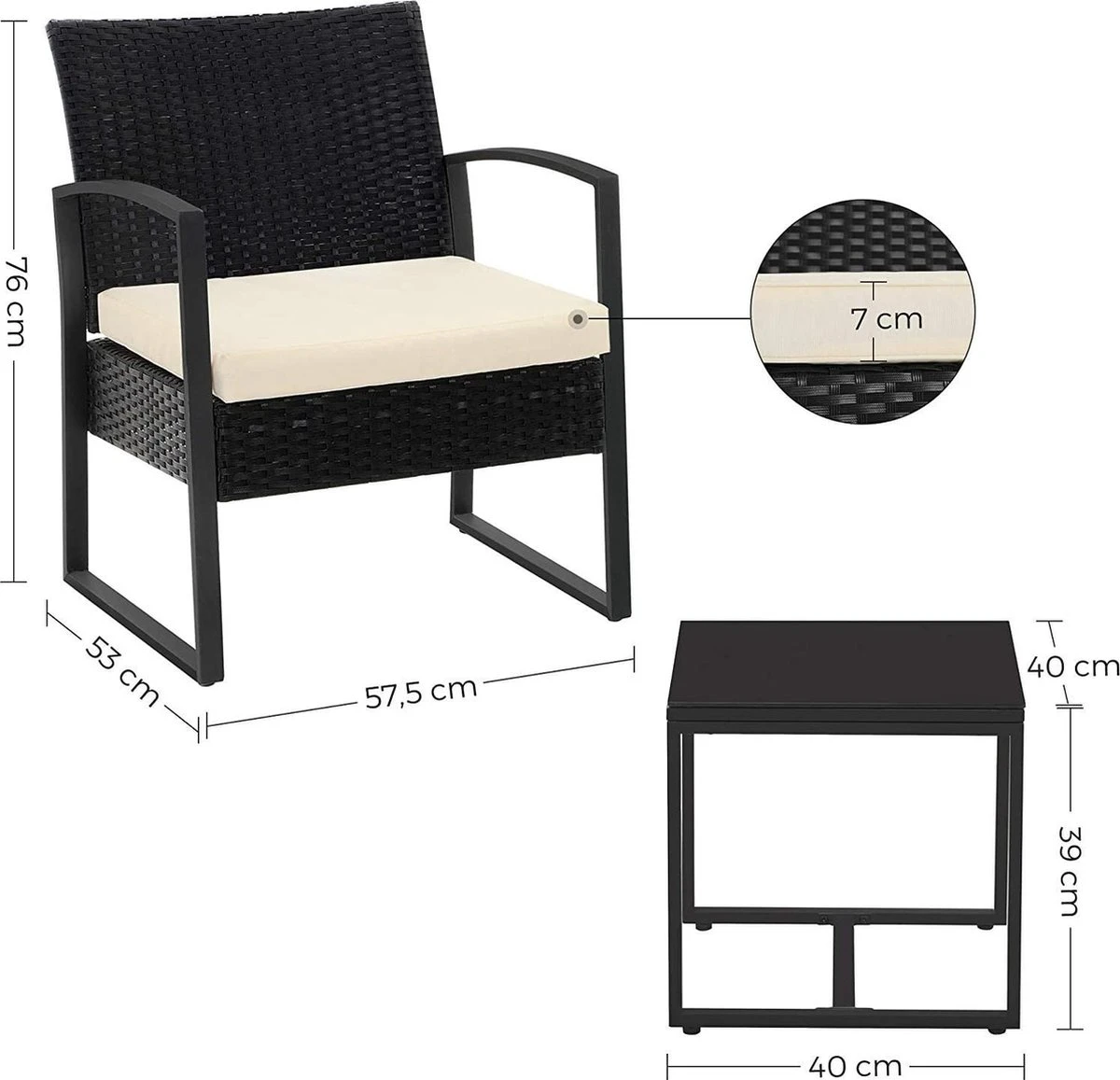 Songmics Tuinmeubelset, 3-delige Set, Van Polyrotan, Voor Outdoor, Terras, Balkon, Tuin, Eenvoudige Montage, Bijzettafel En 2 Stoelen, Zwart-beige - Afbeelding 6