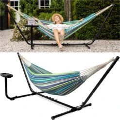 Vita5 Hangmat Met Standaard – 2 Persoons – Incl. Bekerhouder – 205kg Draaggewicht – Groen/Blauw