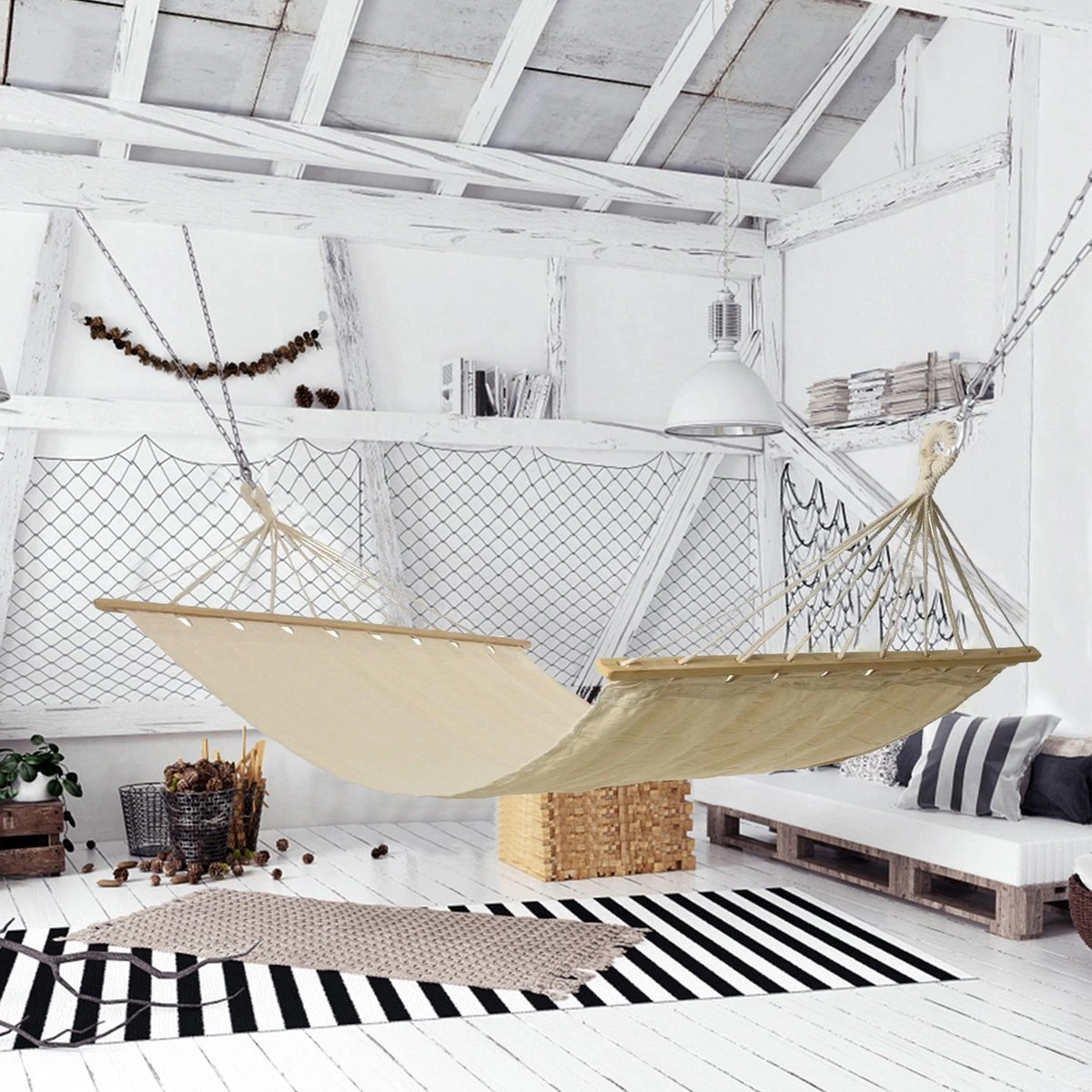 Merkloos Hangmat - Incl Bevestigingshaak - Met Spreidstok - Beige - Comfortabel - Met Karabijnhaak