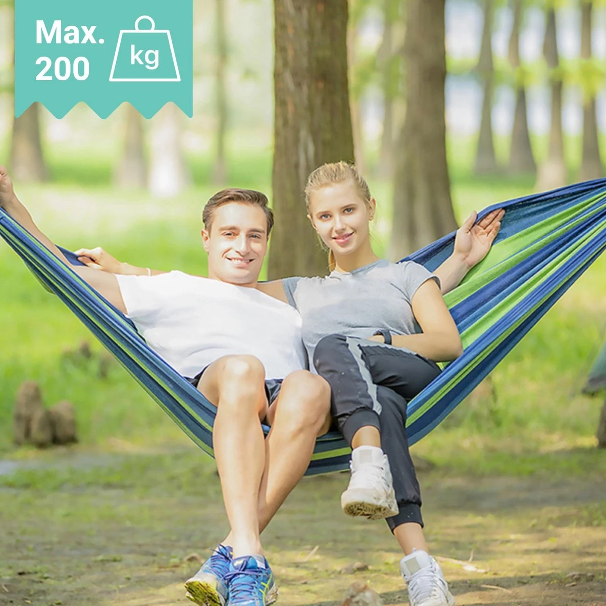 Dubbele Hangmat Blauw - 1 Of 2 Persoons - Lig Oppervlak 190x150cm - Lengte 260cm - Afbeelding 5