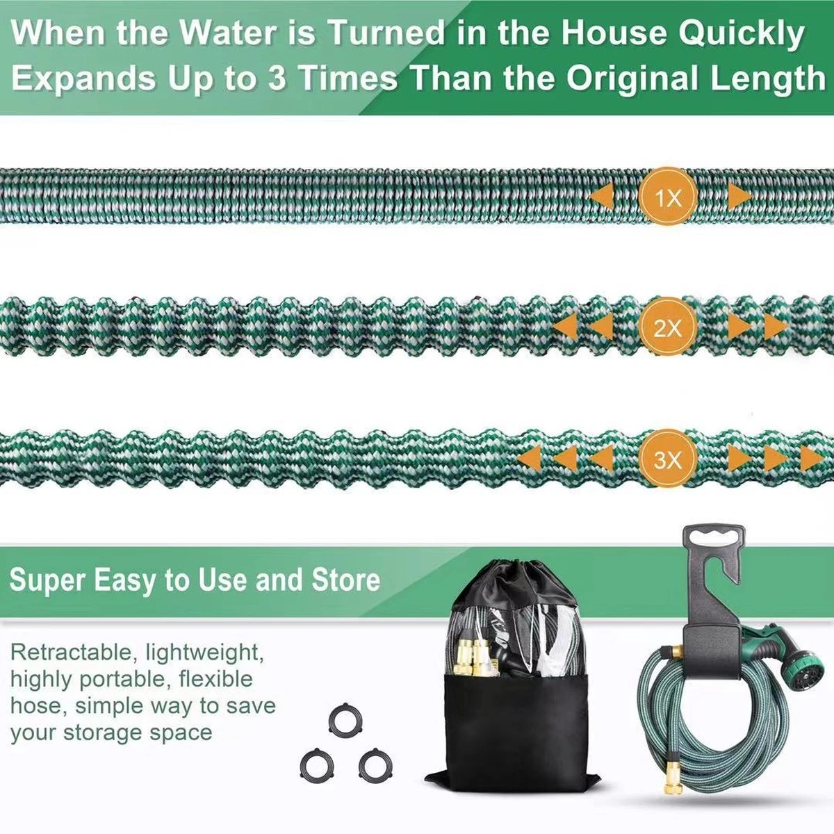 IBright Extra Sterke Uitrekbare Tuinslang - Flexibel - 15 Meter - Inclusief Opbergtas ,Sproeier ,Koppelstuk En Ophanghaak - Groen - Afbeelding 3