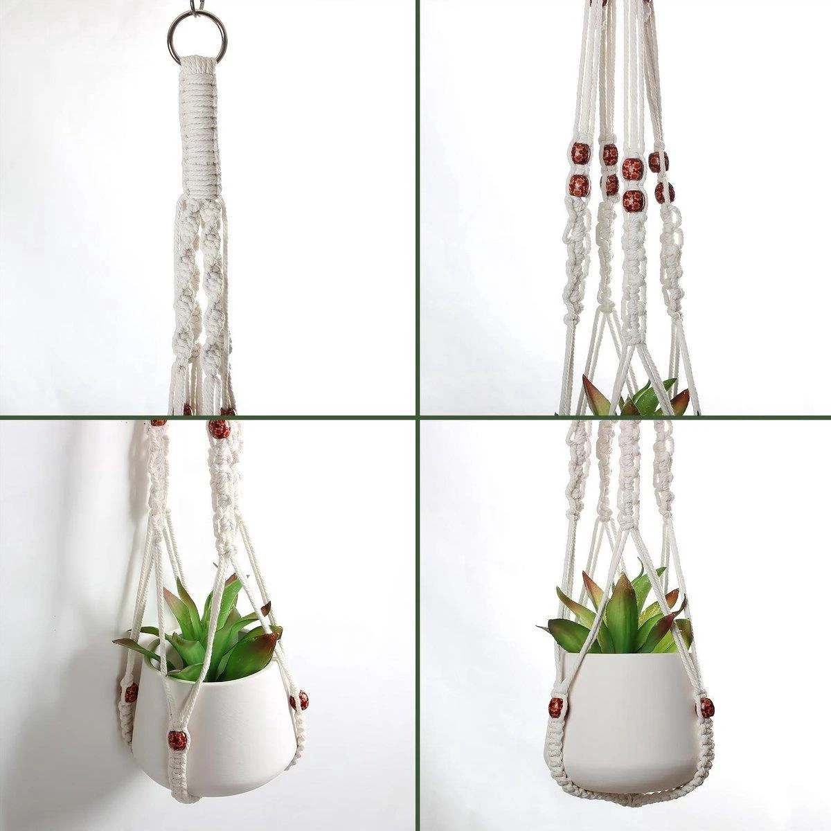 4 Stuks Plantenhangers - Boho Handgeweven Katoen Hangpot Voor Binnen/Buiten - Bloempot Met Kralen - Macramé Touw/Koord Hangplant Houder - Bohemian Wandhanger Decoratie - Verticale Tuin Plant Hanger Bloempothouder Planthanger Wit - Afbeelding 5