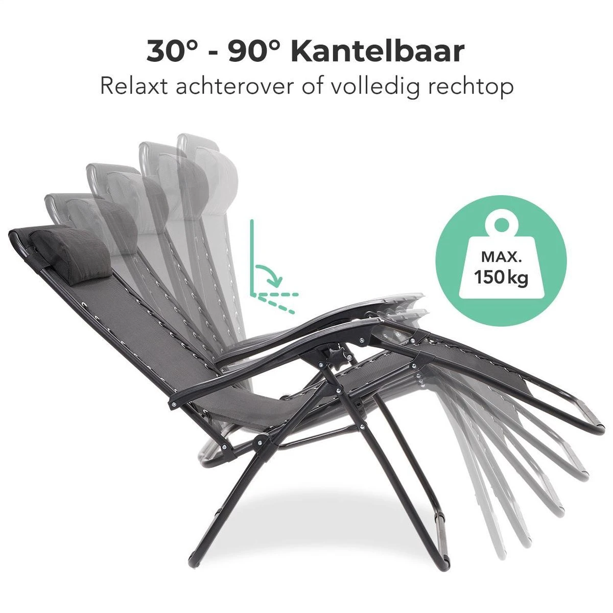 LifeGoods Opvouwbare Tuinstoelen - Verstelbaar Zonnescherm - 2 Stuks - 30°-90° Verstelbaar - Metaal - Zwart - Afbeelding 2