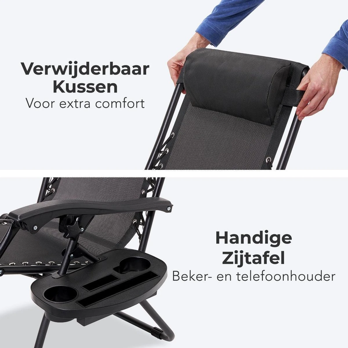 LifeGoods Opvouwbare Tuinstoelen - Verstelbaar Zonnescherm - 2 Stuks - 30°-90° Verstelbaar - Metaal - Zwart - Afbeelding 4