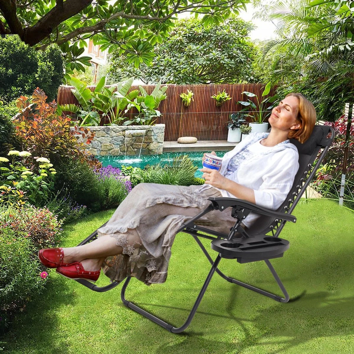 LifeGoods Opvouwbare Tuinstoelen - Verstelbaar Zonnescherm - 2 Stuks - 30°-90° Verstelbaar - Metaal - Zwart - Afbeelding 9