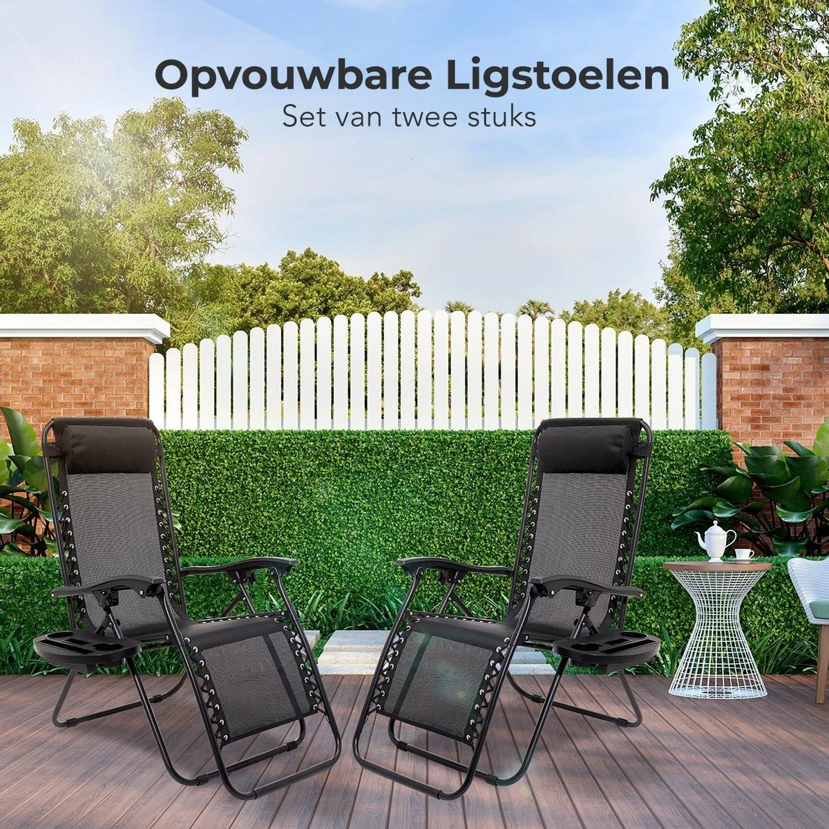 LifeGoods Opvouwbare Tuinstoelen - Verstelbaar Zonnescherm - 2 Stuks - 30°-90° Verstelbaar - Metaal - Zwart - Afbeelding 11