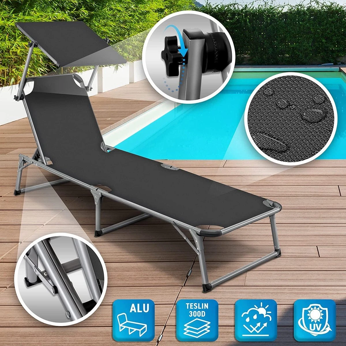 Sens Design Zonnebed - Ligbed Inklapbaar Met Zonneklep - Grijs - Afbeelding 4