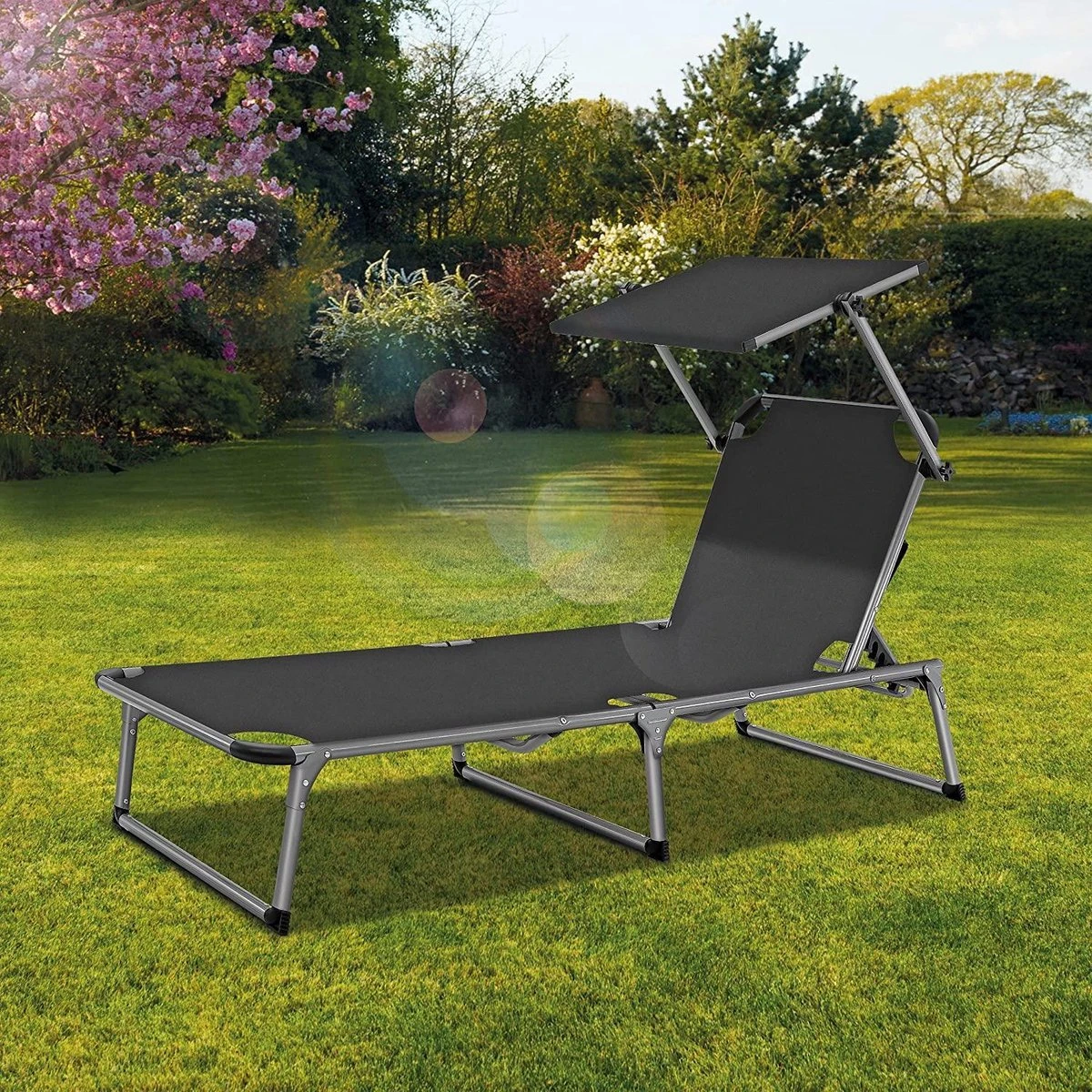 Sens Design Zonnebed - Ligbed Inklapbaar Met Zonneklep - Grijs - Afbeelding 6