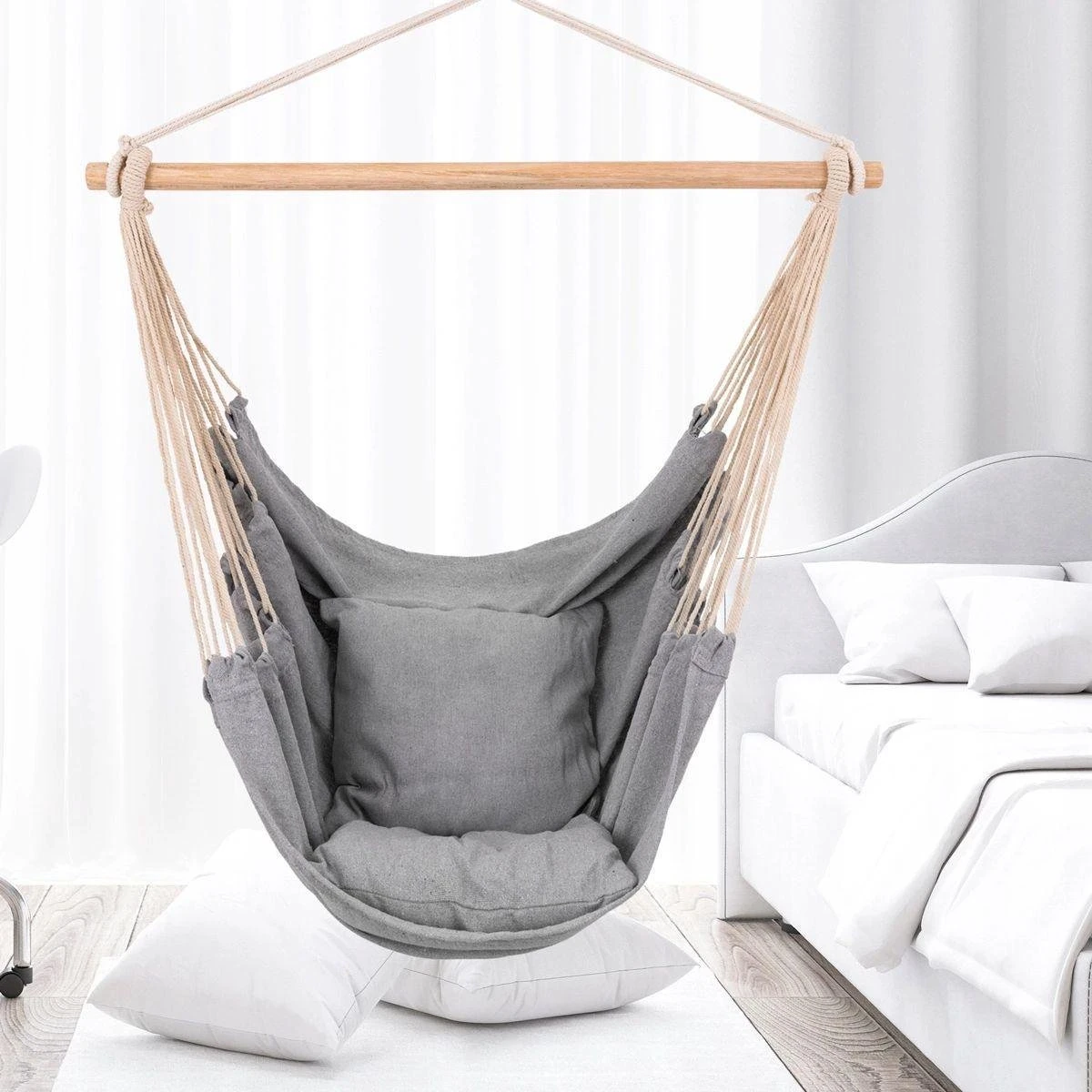 RENALUX Hangstoel Buiten En Binnen - Hangstoel Voor Binnen - Hangstoel Zonder Standaard - Hangstoel Cocoon - Gratis 2 Zachte Kussens - 150 KG - Grijs - Afbeelding 2