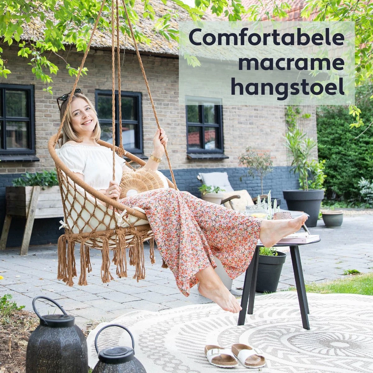 Vita5 Macramé Hangstoel - Voor Binnen En Buiten - Zonder Standaard - Incl. Kussen, Boekenvak En Beschermhoes - Tot 150kg - Bruin/Beige - Afbeelding 2