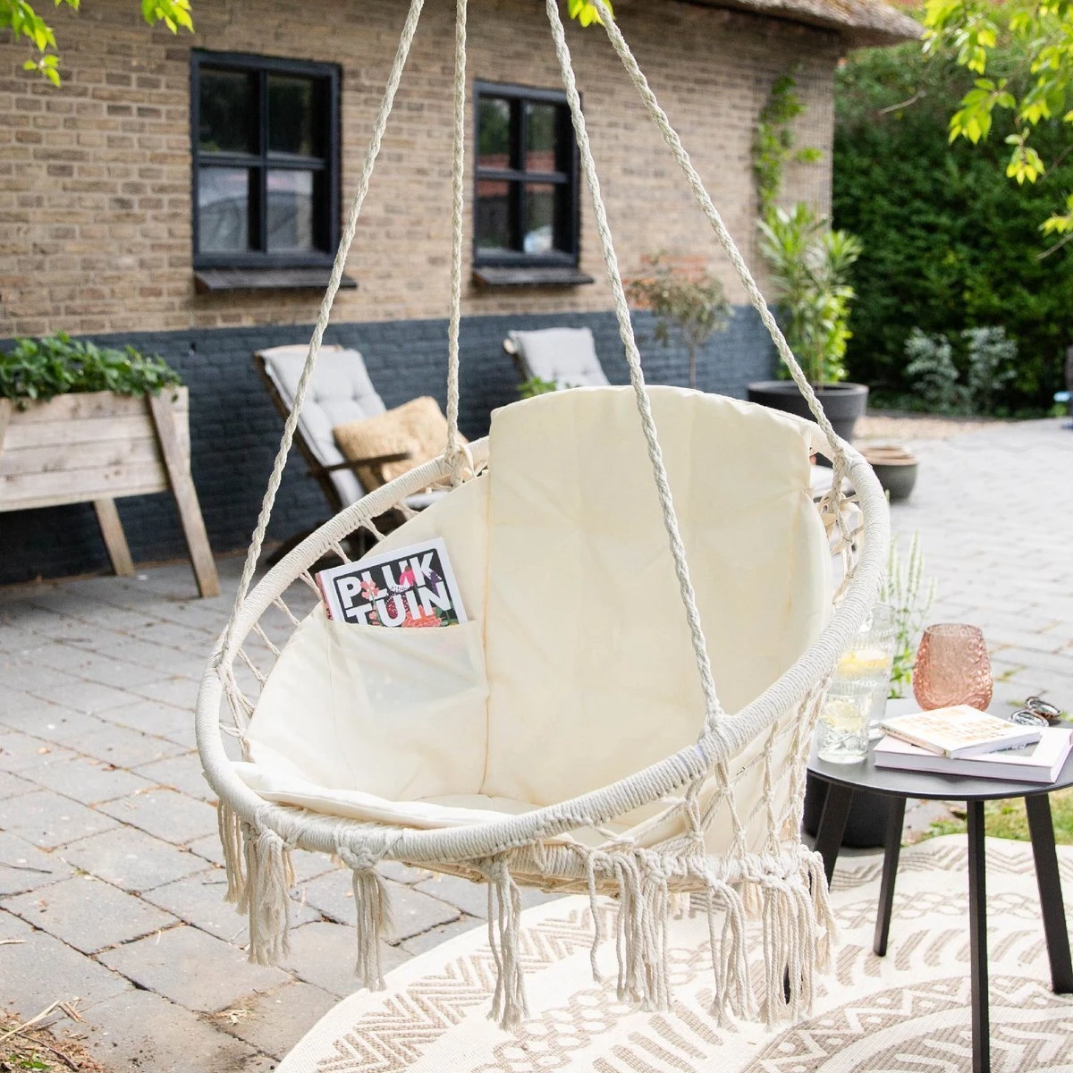 Vita5 Macramé Hangstoel - Voor Binnen En Buiten - Zonder Standaard - Incl. Kussen, Boekenvak En Beschermhoes - Tot 150kg - Beige - Afbeelding 11