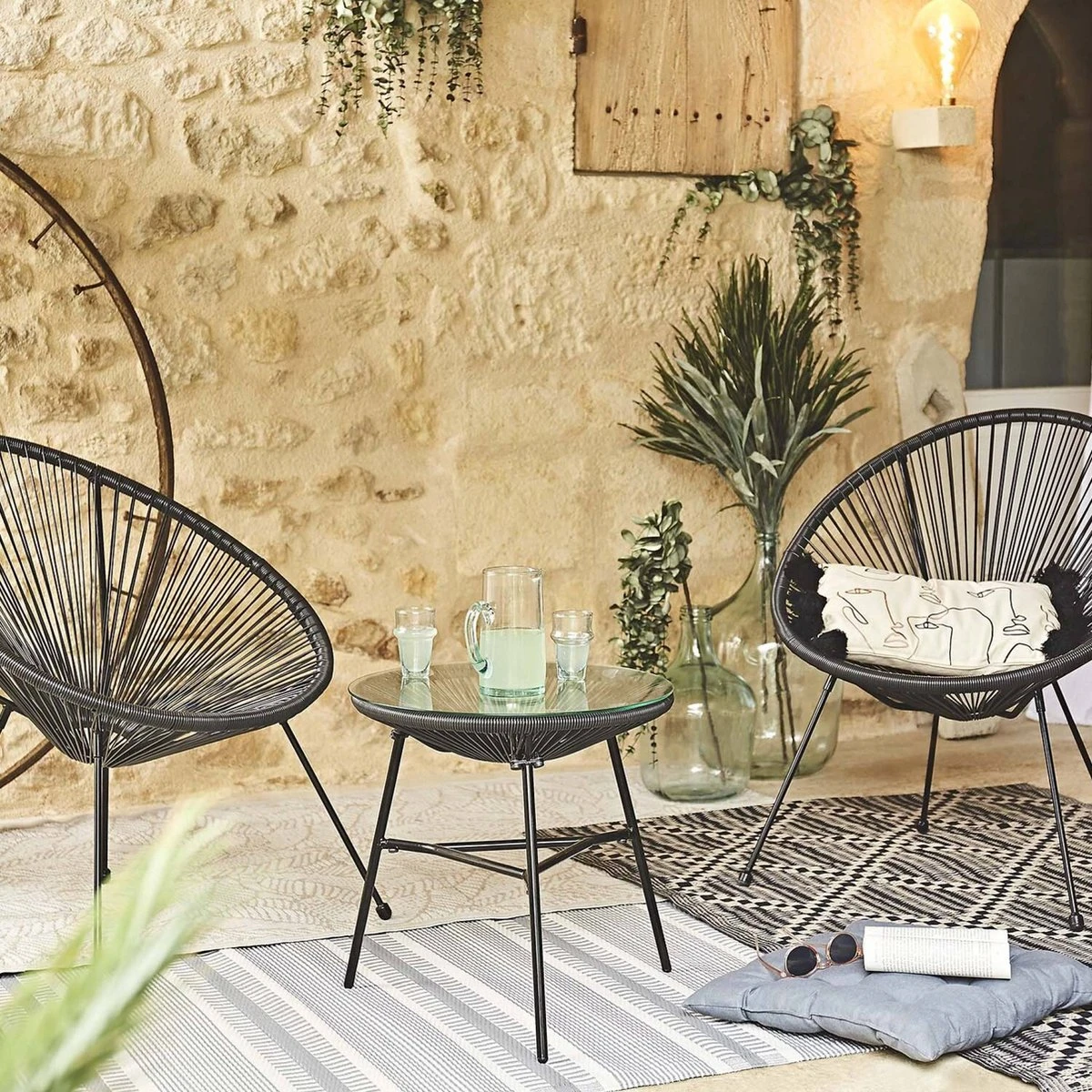 Set Van 2 Design Stoelen Ei-vormig - Acapulco Zwart - Stoelen 4 Poten Retro Design, Plastic Koorden, Binnen/buiten - Afbeelding 4