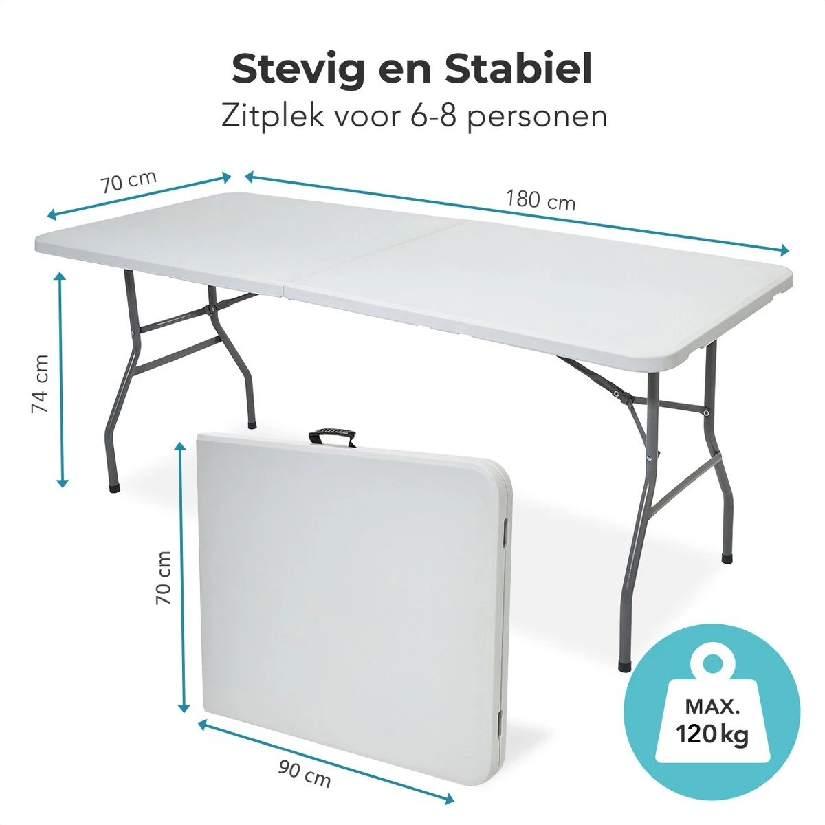 LifeGoods Klaptafel - Inklapbaar - 70x180cm - Verstelbare Vouwtafel - Weerbestendig - Wit - Afbeelding 8