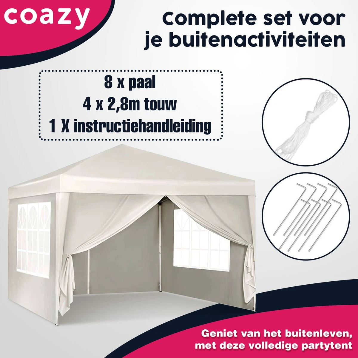 Waterdichte Partytent 3x3 Meter Opvouwbaar Met Zijwanden- Paviljoen Met Zijpanelen - Easy Up - Pop-up Tent Met Haringen, Touw En Anti Slip Poten - Afbeelding 7