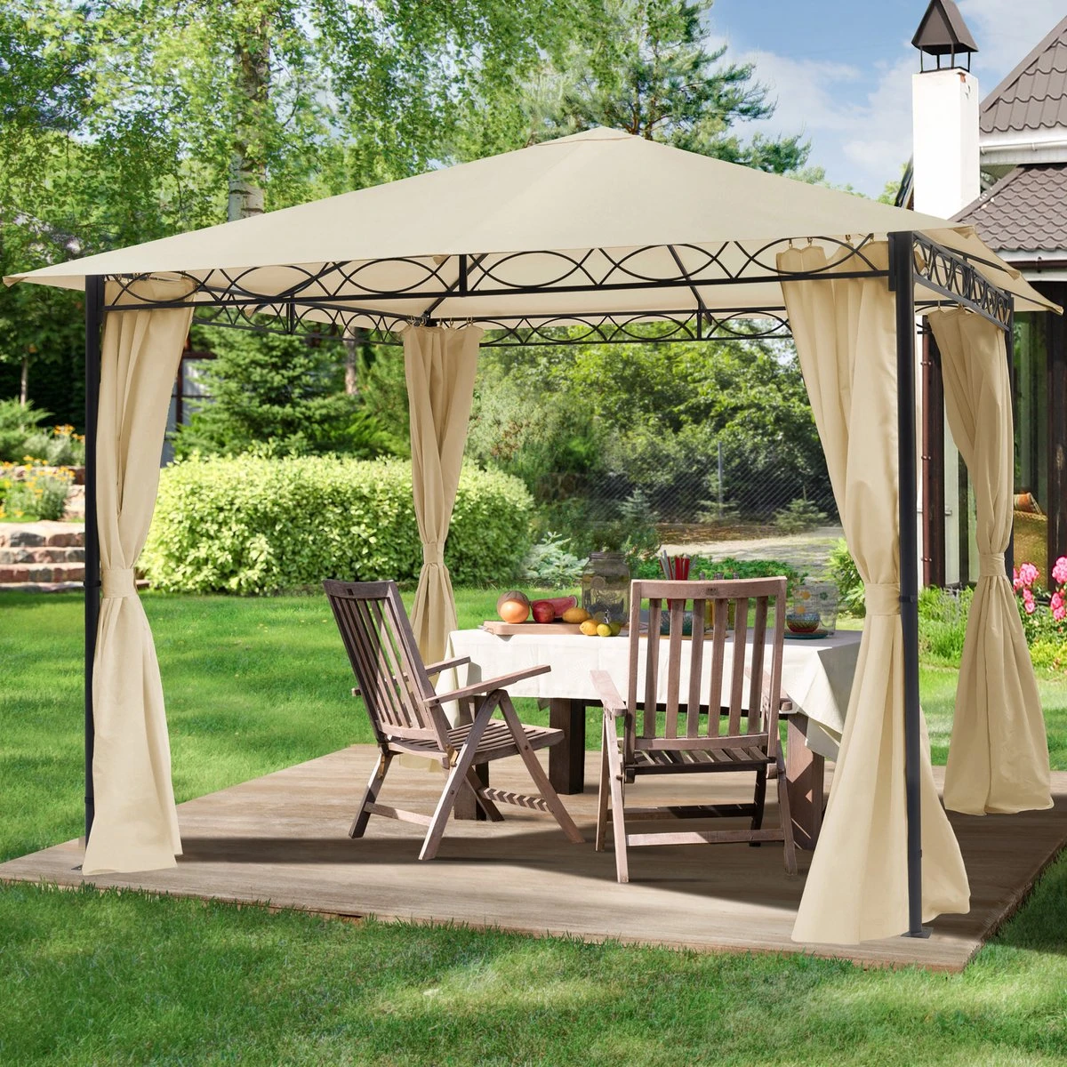 Tuinpaviljoen 3x3 M Waterdicht Paviljoen Met 4 Zijwanden Tuintent Ca. 180 G/m² Dakzeil In Crème Partytent - Afbeelding 3