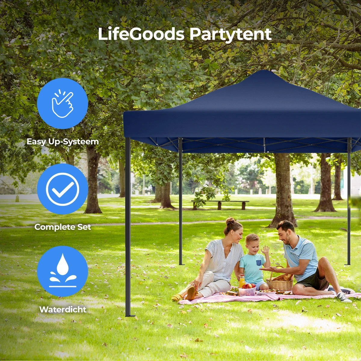 LifeGoods Partytent - 3x4.5 M - Zijwanden - Easy Up - Opvouwbaar - Waterdicht - Draagtas Met Wieltjes - Donkerblauw - Afbeelding 6