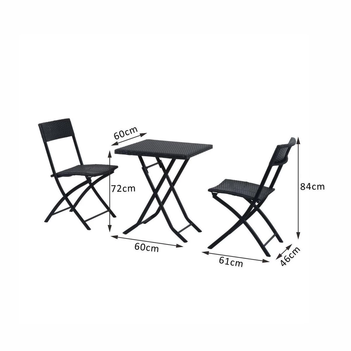 Merkloos 3-delige Bistroset Poly Rattan - Inklapbaar - Balkon Tuinmeubelset - Zwart - Afbeelding 6