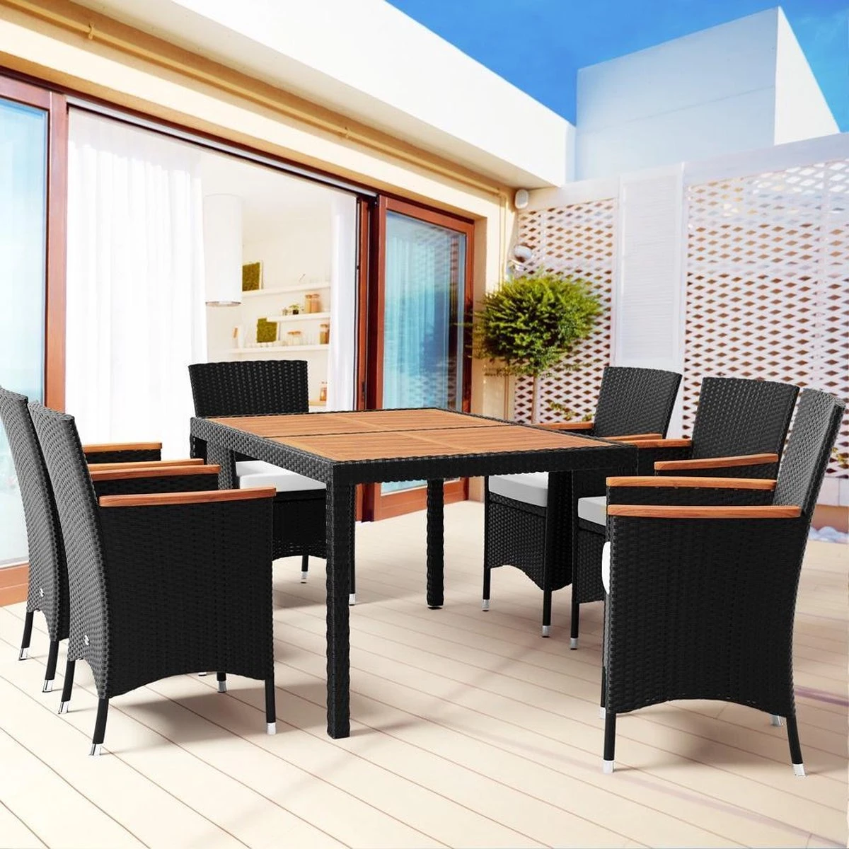 Deuba Polyrattan Tuinset Verona - 6 Stoelen + 1 Tafel Zwart - Afbeelding 4