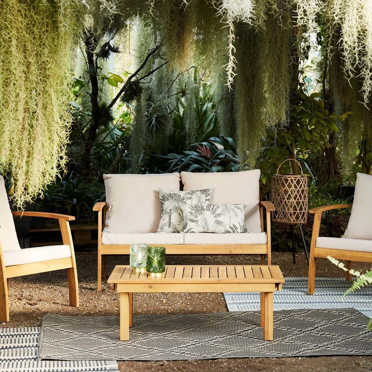 Houten Loungeset 4 Plaatsen - Ushuaïa -ecru Kussens, Bank, Fauteuils En Lage Tafel Van Acacia, Design - Afbeelding 2