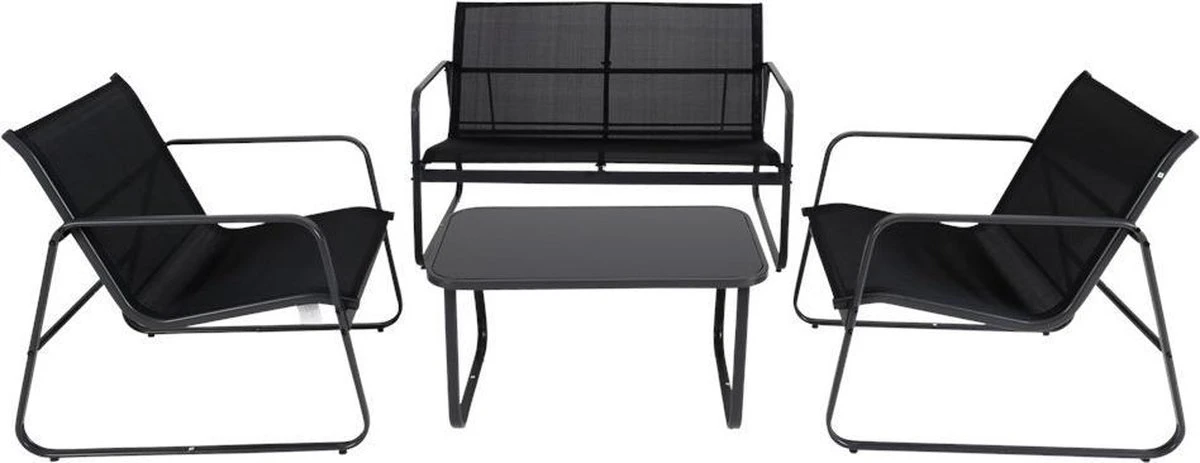 Tuin Meubelen Loungeset - 4 Persoons - Tuinset - Comfort - Zwart - Tafel Glazen Blad - Stoelen - Sofa - Bank - 4-delig