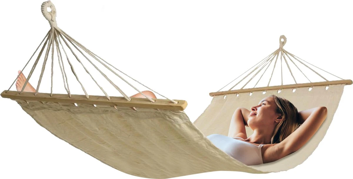 Merkloos Hangmat - Incl Bevestigingshaak - Met Spreidstok - Beige - Comfortabel - Met Karabijnhaak - Afbeelding 2