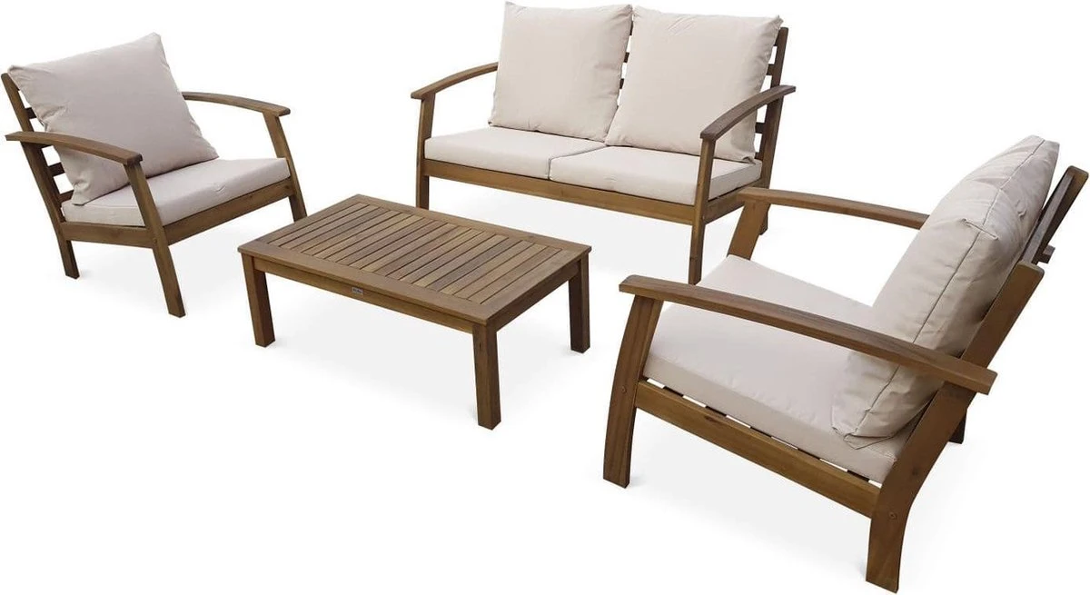 Houten Loungeset 4 Plaatsen - Ushuaïa -ecru Kussens, Bank, Fauteuils En Lage Tafel Van Acacia, Design - Afbeelding 4