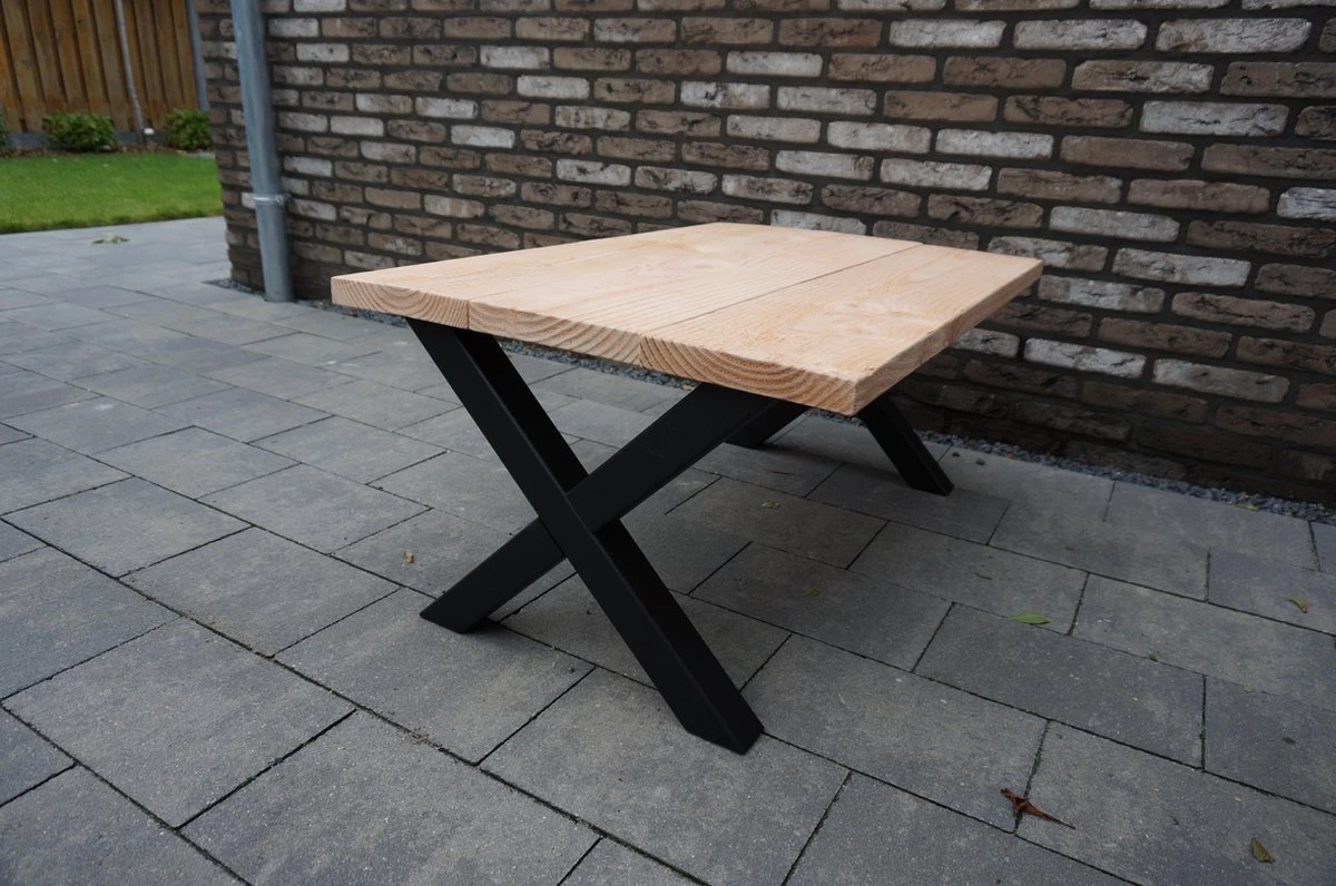 Industriële Douglas Salontafel Met Mat Zwart X-onderstel Voor Binnen En Buiten - Afbeelding 2