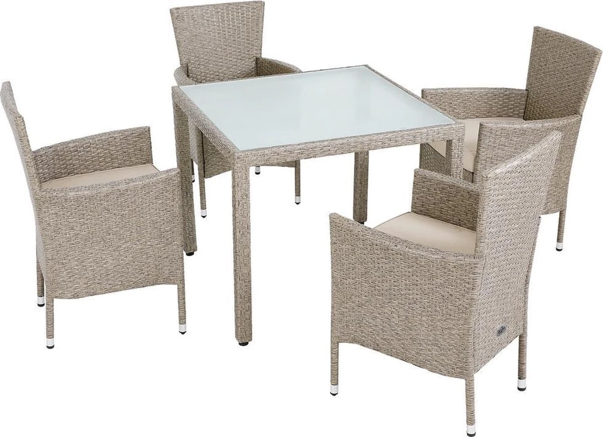 Casaria Polyrattan Tuinset - 4 Stoelen & Tafel 90x90 Cm - Beige Grijs - Afbeelding 2