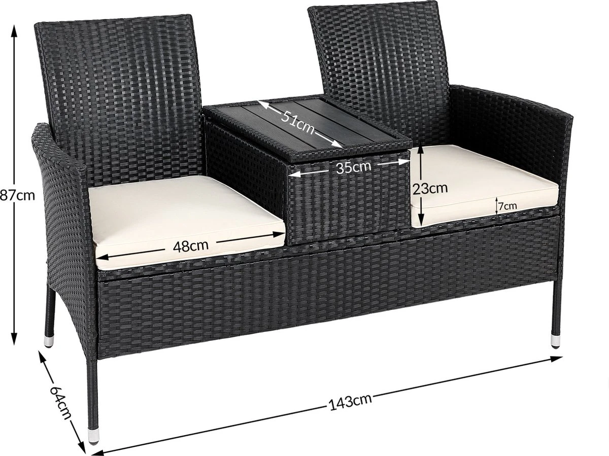 Casaria Tuinbank Polyrattan – 2 Zitter Incl. Tafel & Kussens – Zwart - Afbeelding 3