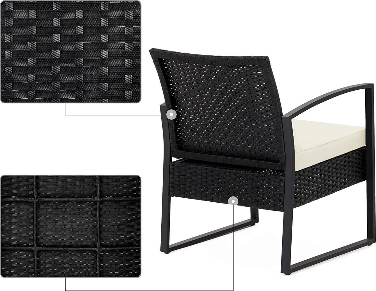 Songmics Tuinmeubelset, 3-delige Set, Van Polyrotan, Voor Outdoor, Terras, Balkon, Tuin, Eenvoudige Montage, Bijzettafel En 2 Stoelen, Zwart-beige - Afbeelding 2