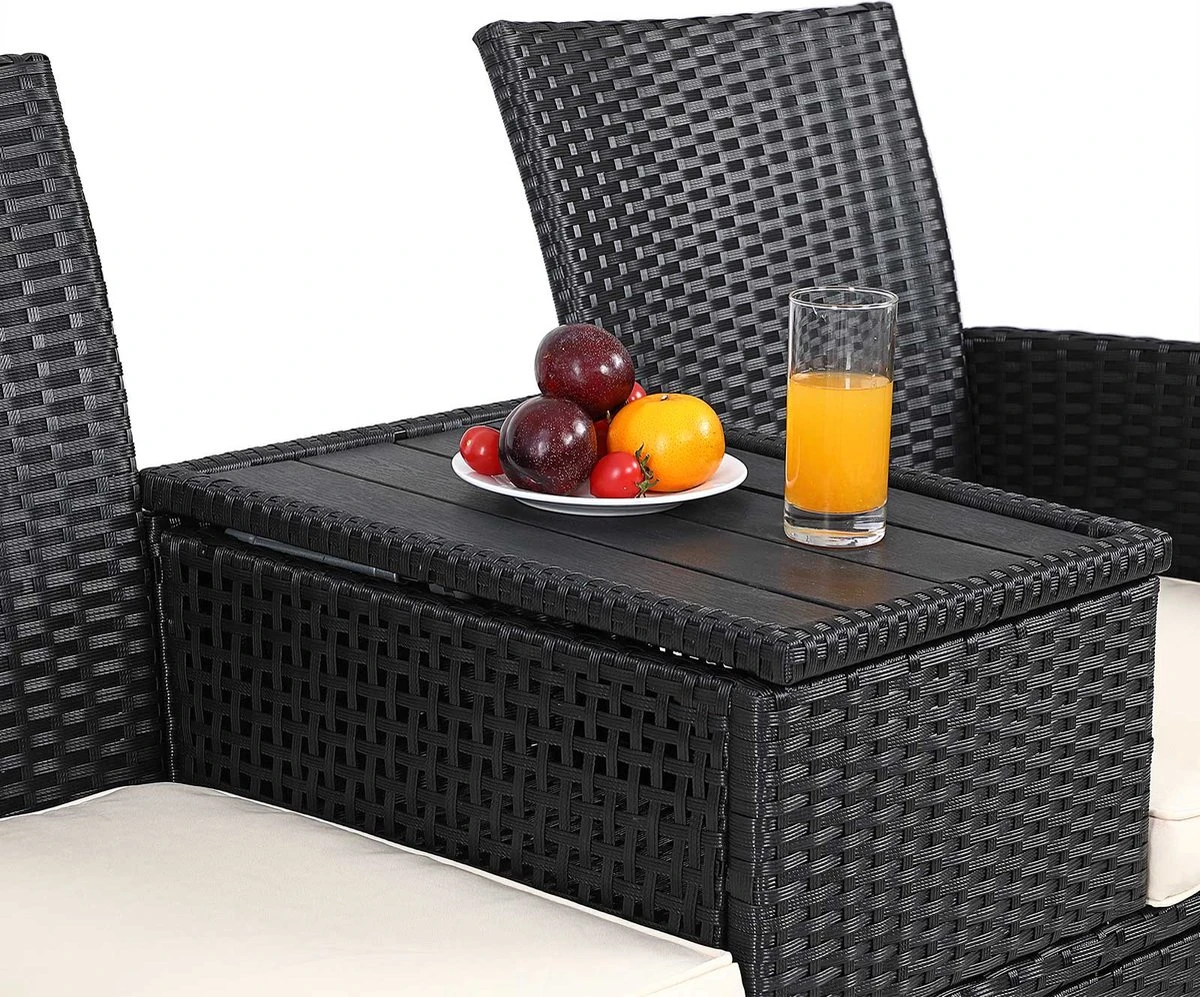 Casaria Tuinbank Polyrattan – 2 Zitter Incl. Tafel & Kussens – Zwart - Afbeelding 6