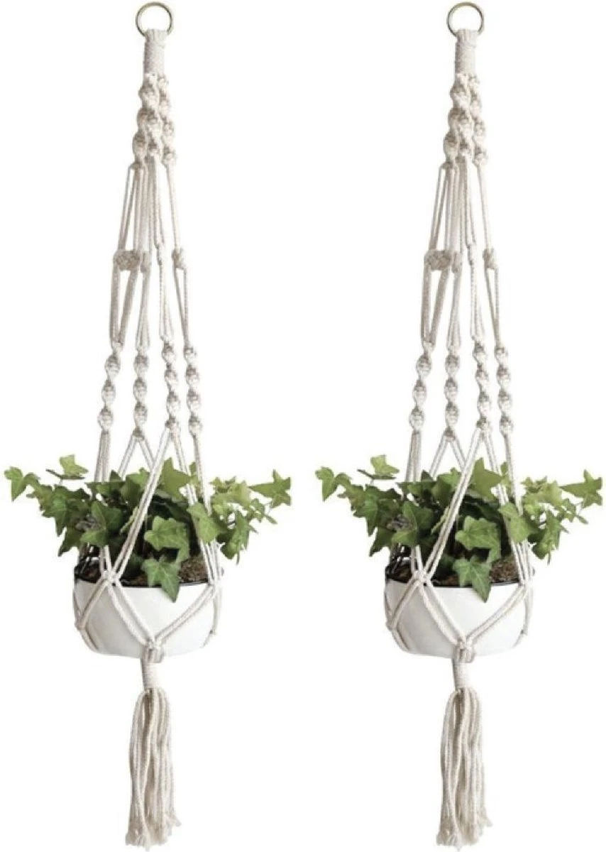 Merkloos Plantenhanger Macramé - Luxe Gevlochten Touw Katoen - 2 Stuks - Plantenpot Ophangen